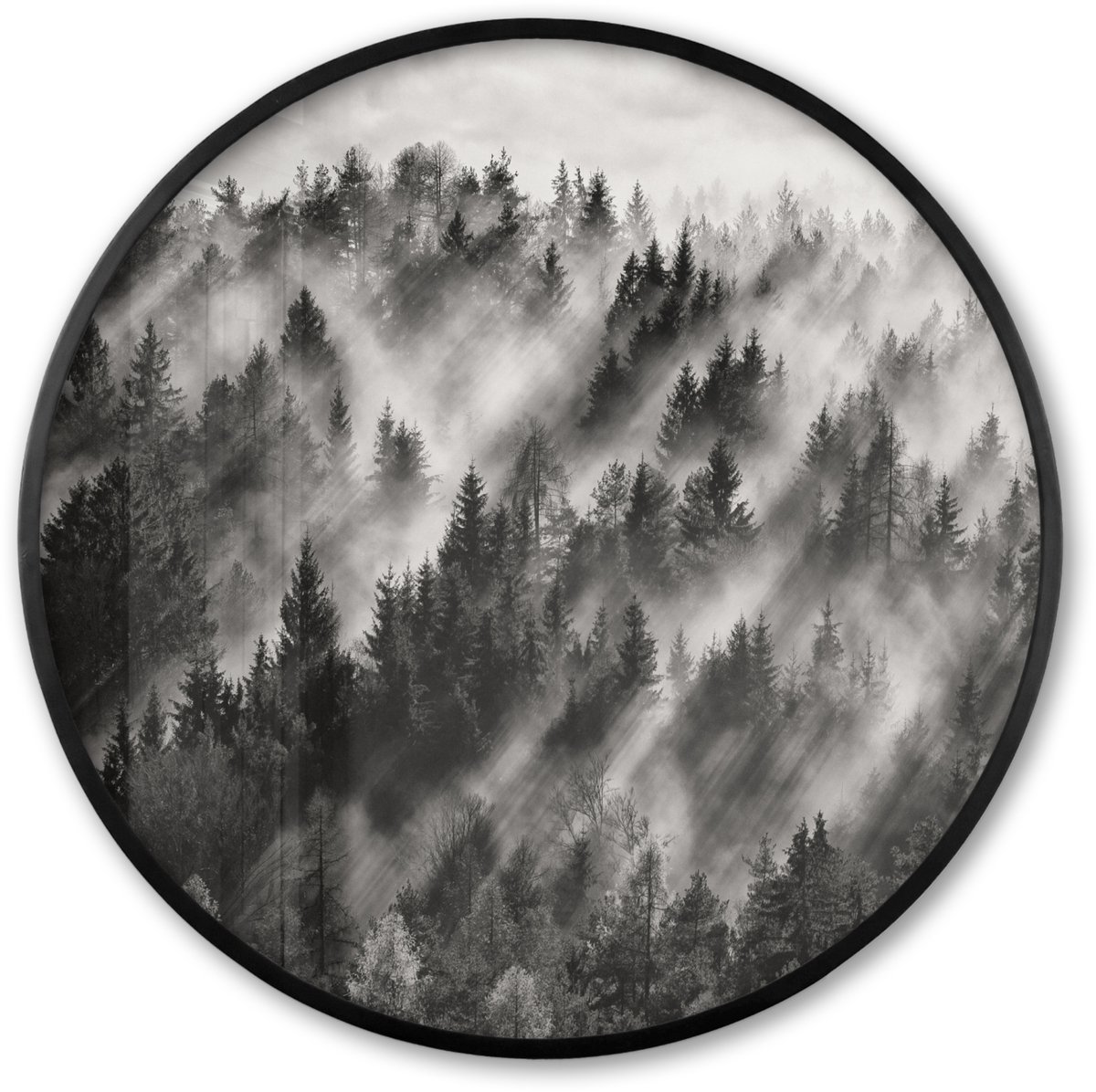 FrameYourWall Poster in lijst Rond - Fotolijst 60x60 cm - Posters - Landschap - Mist - Bos - Natuur - Ronde posterlijst zwart - Decoratie - Wanddecoratie woonkamer - Muurdecoratie slaapkamer Multicolor