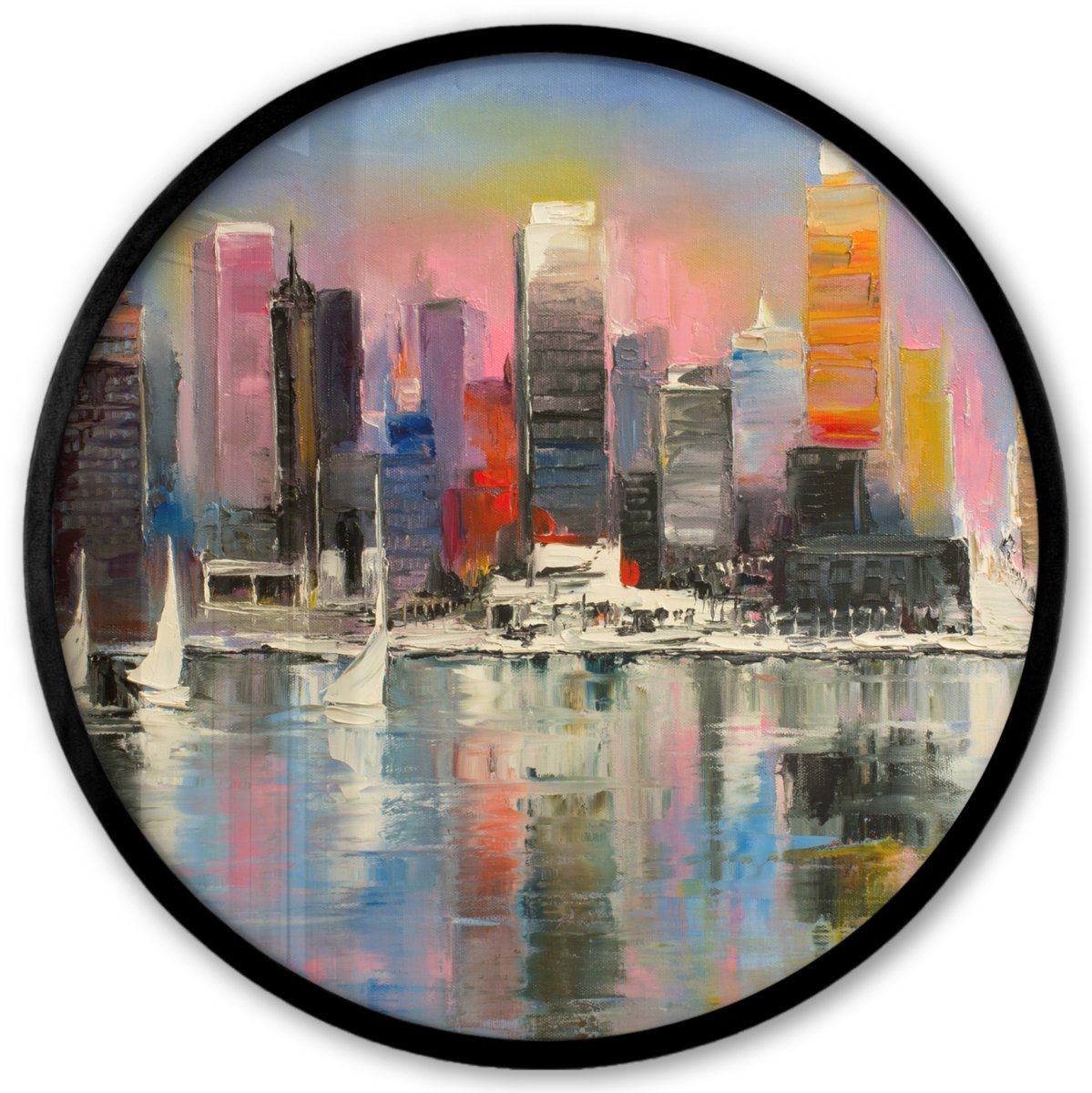 FrameYourWall Poster in lijst Rond - Fotolijst 40x40 cm - Posters - Schilderij - Olieverf - Skyline - Water - Ronde posterlijst zwart - Decoratie - Wanddecoratie woonkamer - Muurdecoratie slaapkamer Multicolor