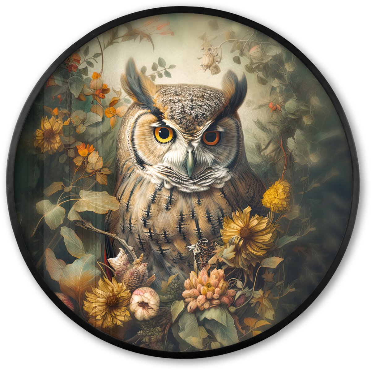 FrameYourWall Poster in lijst Rond - Fotolijst 60x60 cm - Posters - Uil - Vogels - Bloemen - Natuur - Ronde posterlijst zwart - Decoratie - Wanddecoratie woonkamer - Muurdecoratie slaapkamer Uil - Bloemen