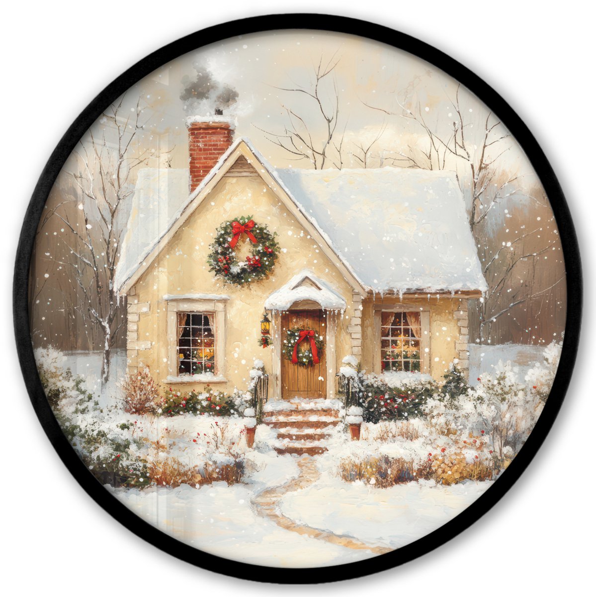 FrameYourWall Poster in lijst Rond - Fotolijst 40x40 cm - Posters - Kerst - Huis - Winter - Sneeuw - Ronde posterlijst zwart - Decoratie - Wanddecoratie woonkamer - Muurdecoratie slaapkamer - Kerstversiering - Kerstdecoratie voor binnen - Kerstmis Huis - Sneeuw