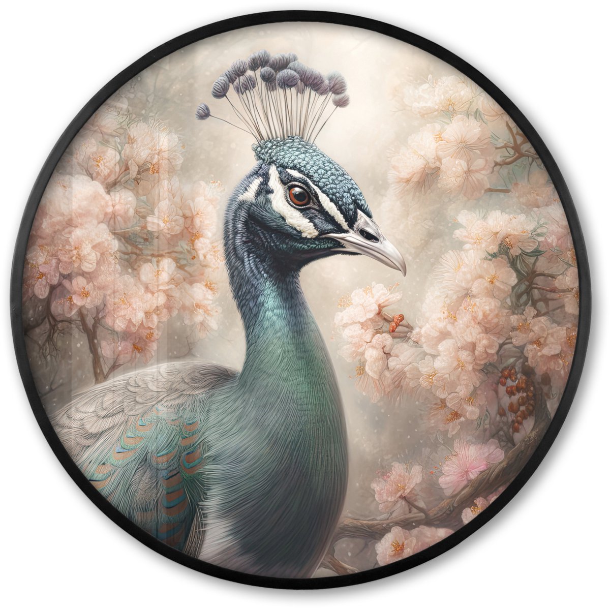 FrameYourWall Poster in lijst Rond - Fotolijst 60x60 cm - Posters - Pauw - Vogels - Bloemen - Boom - Botanisch - Ronde posterlijst zwart - Decoratie - Wanddecoratie woonkamer - Muurdecoratie slaapkamer