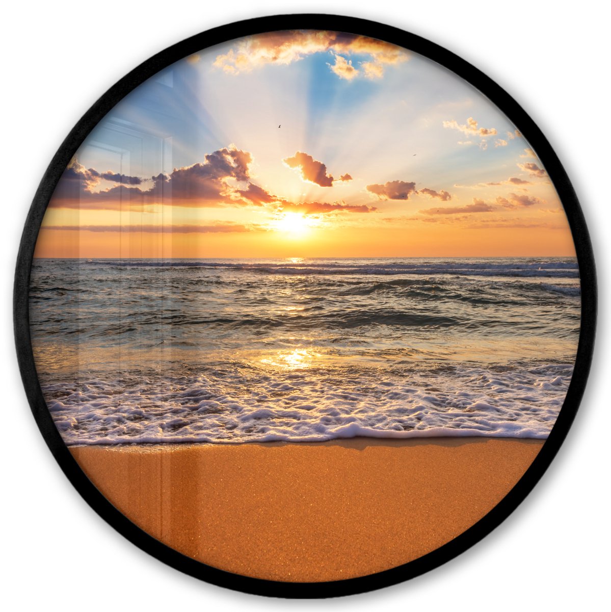 FrameYourWall Poster in lijst Rond - Fotolijst 40x40 cm - Posters - Strand - Zonsondergang - Zee - Wolken - Horizon - Ronde posterlijst zwart - Decoratie - Wanddecoratie woonkamer - Muurdecoratie slaapkamer