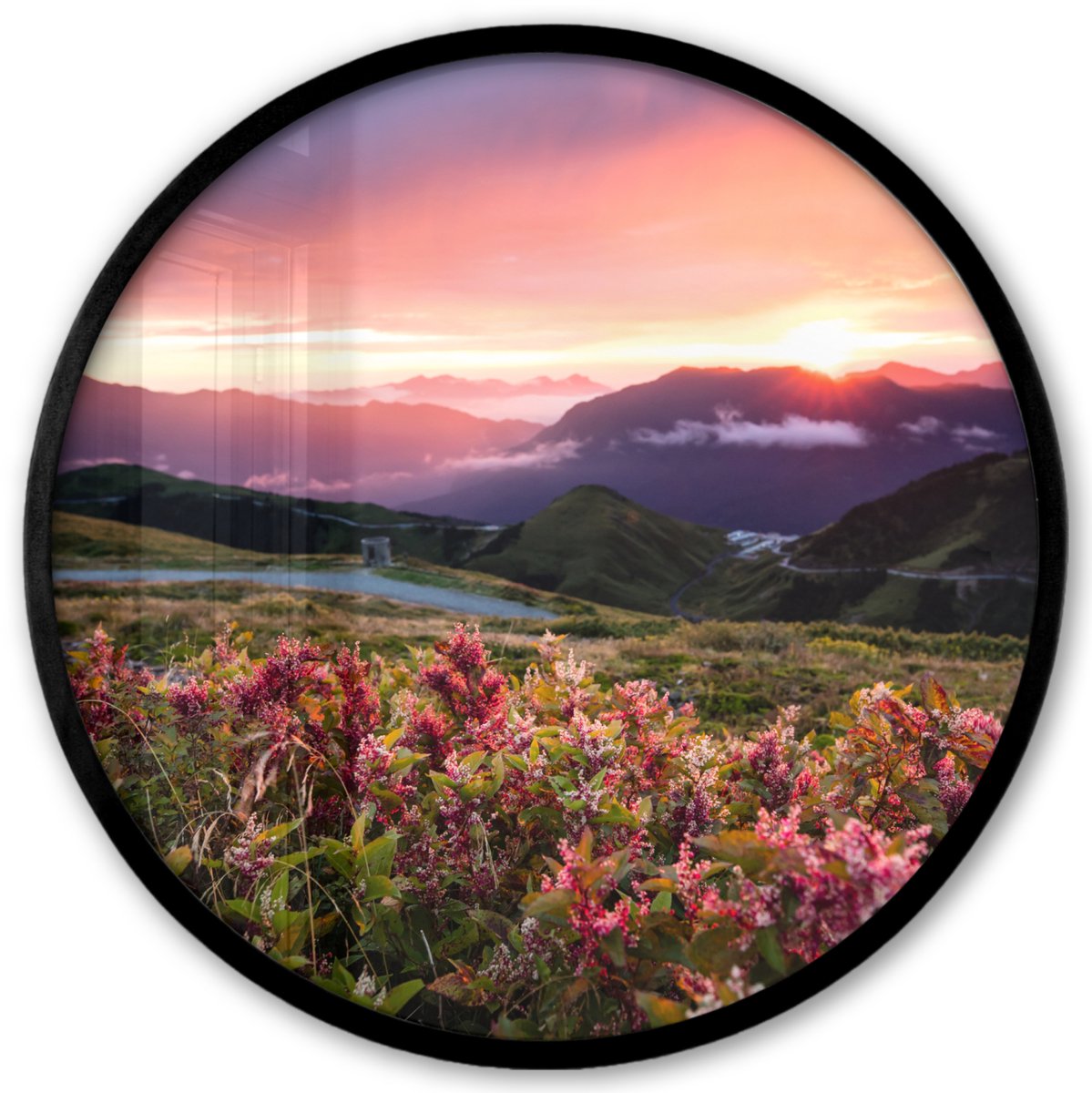 FrameYourWall Poster in lijst Rond - Fotolijst 40x40 cm - Posters - Bloemen - Bergen - Landschap - Nacht - Lucht - Roze - Ronde posterlijst zwart - Decoratie - Wanddecoratie woonkamer - Muurdecoratie slaapkamer Bloemen - Avond