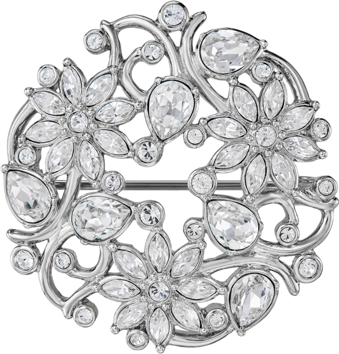 Traveller Broche - Broches Dames - Zilverkleurig - Kristallen - Gebloemd - Geplatineerd - 35 mm - 157845