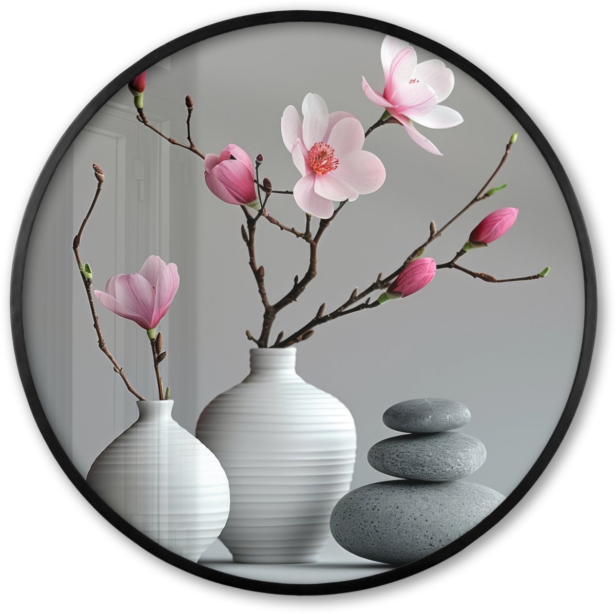 FrameYourWall Poster in lijst Rond - Fotolijst 80x80 cm - Posters - Magnolia - Bloemen - Roze - Zen stenen - Ronde posterlijst zwart - Decoratie - Wanddecoratie woonkamer - Muurdecoratie slaapkamer Bloemen - Vaas