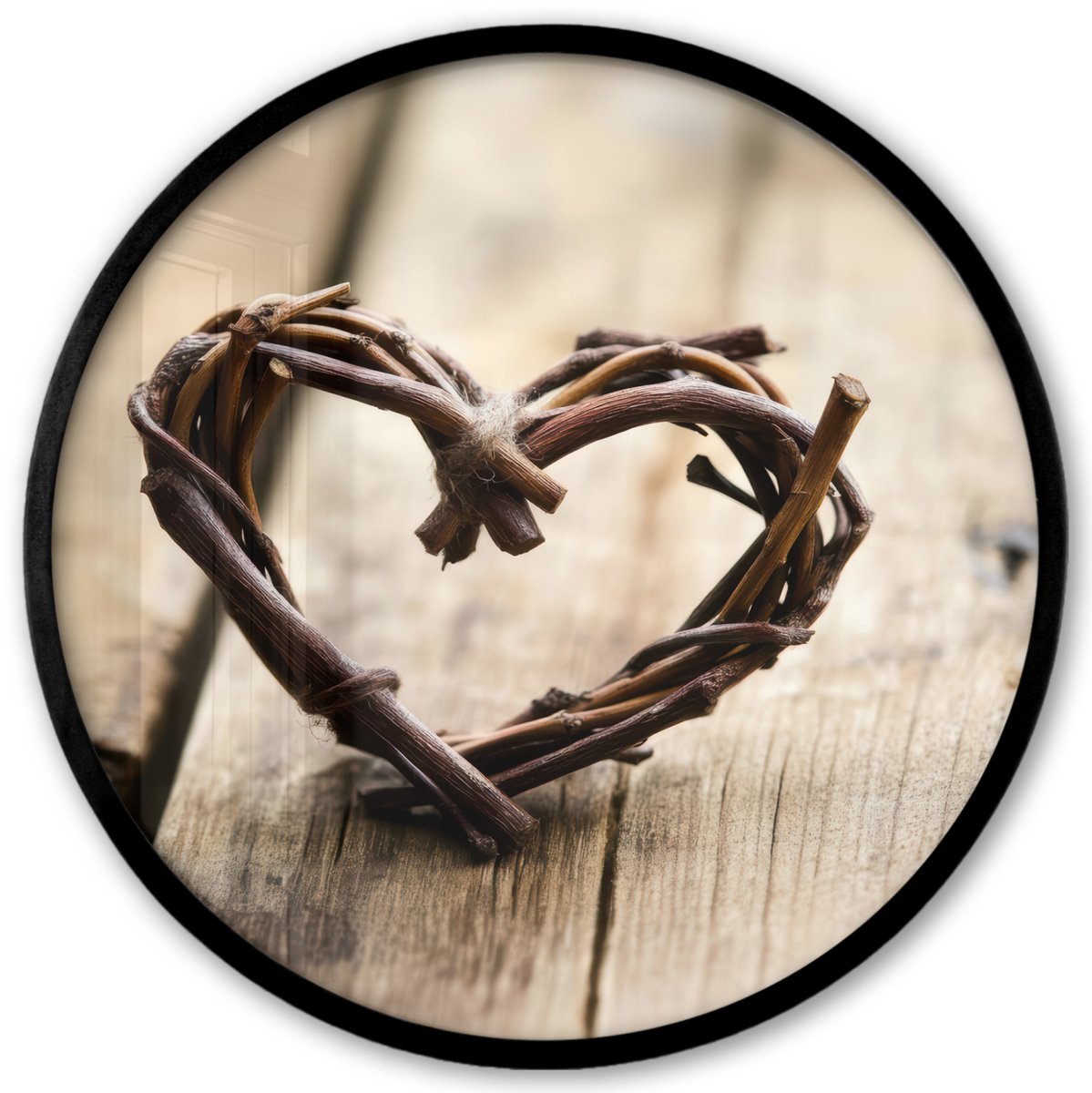 FrameYourWall Poster in lijst Rond - Fotolijst 40x40 cm - Posters - Hart - Hout - Natuur - Takken - Bruin - Ronde posterlijst zwart - Decoratie - Wanddecoratie woonkamer - Muurdecoratie slaapkamer Hart - Natuur