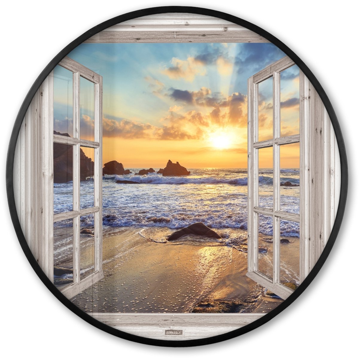 FrameYourWall Poster in lijst Rond - Fotolijst 80x80 cm - Posters - Strand - Doorkijk - Zonsondergang - Landschap - Zee - Natuur - Ronde posterlijst zwart - Decoratie - Wanddecoratie woonkamer - Muurdecoratie slaapkamer Zee - Doorkijk
