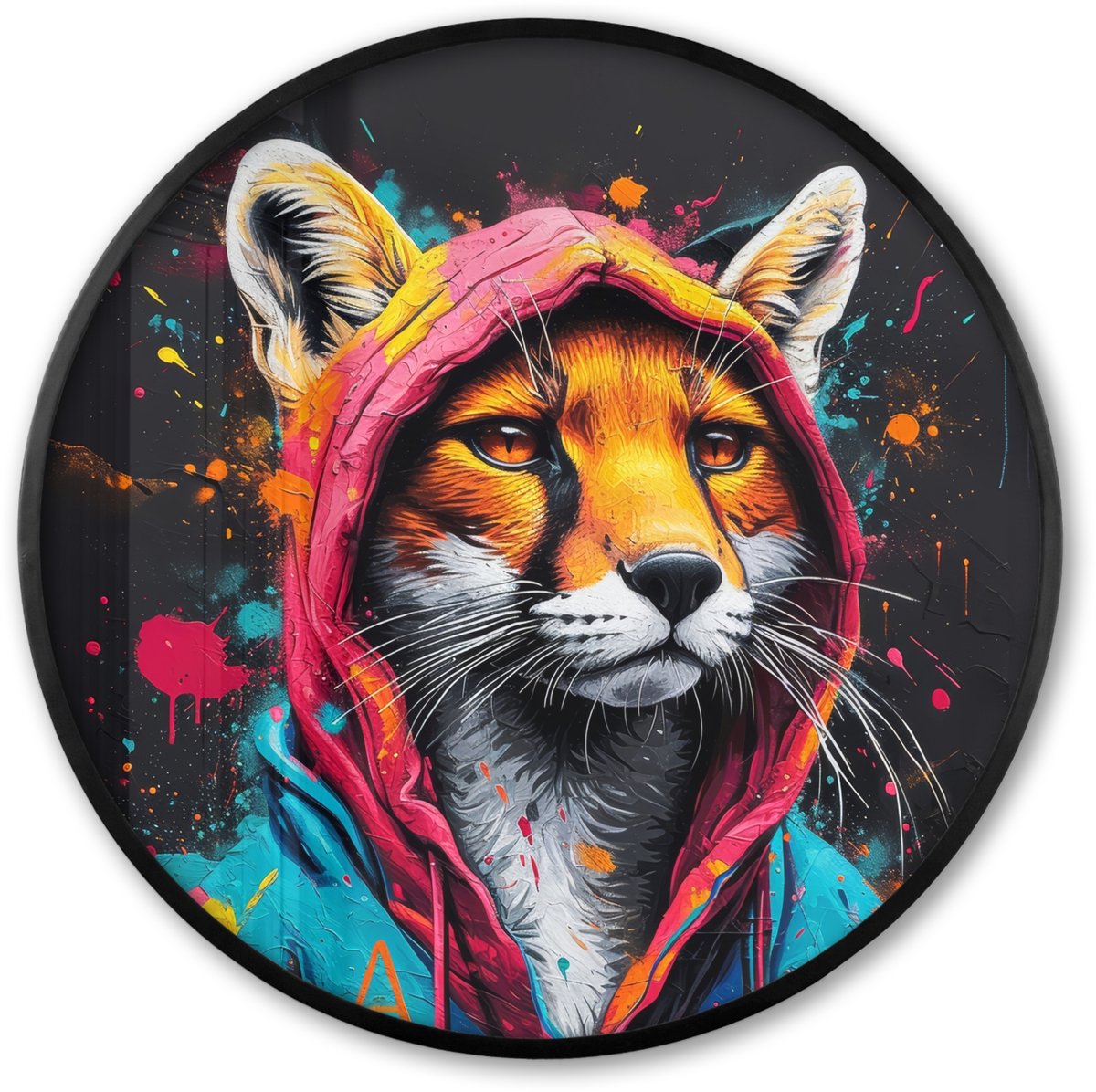 FrameYourWall Poster in lijst Rond - Fotolijst 60x60 cm - Posters - Graffiti - Vos - Jas - Pop art - Dieren - Ronde posterlijst zwart - Decoratie - Wanddecoratie woonkamer - Muurdecoratie slaapkamer