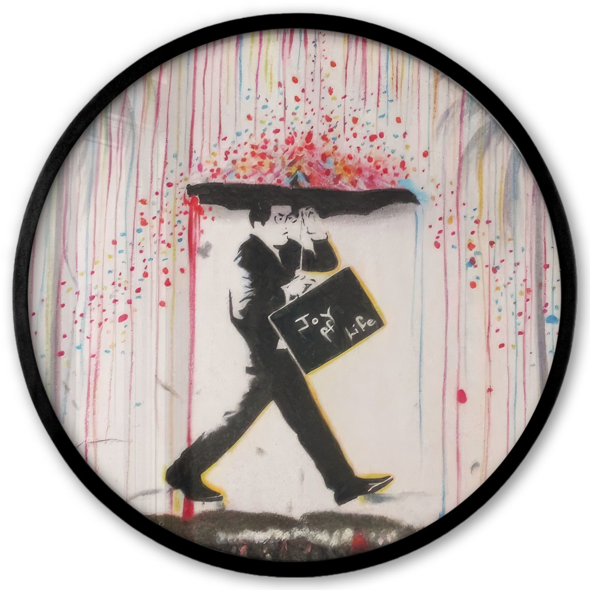 FrameYourWall Poster in lijst Rond - Fotolijst 40x40 cm - Posters - Regen - Graffiti - Man - Banksy Style - Ronde posterlijst zwart - Decoratie - Wanddecoratie woonkamer - Muurdecoratie slaapkamer Man - Paraplu