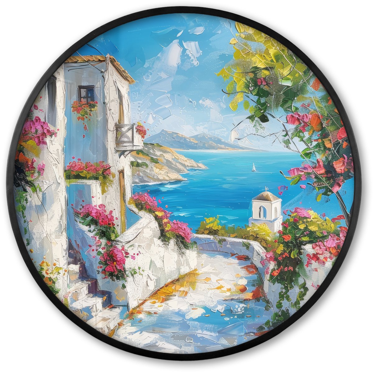 FrameYourWall Poster in lijst Rond - Fotolijst 80x80 cm - Posters - Landschap - Bloemen - Natuur - Zomer - Ronde posterlijst zwart - Decoratie - Wanddecoratie woonkamer - Muurdecoratie slaapkamer Grieks landschap