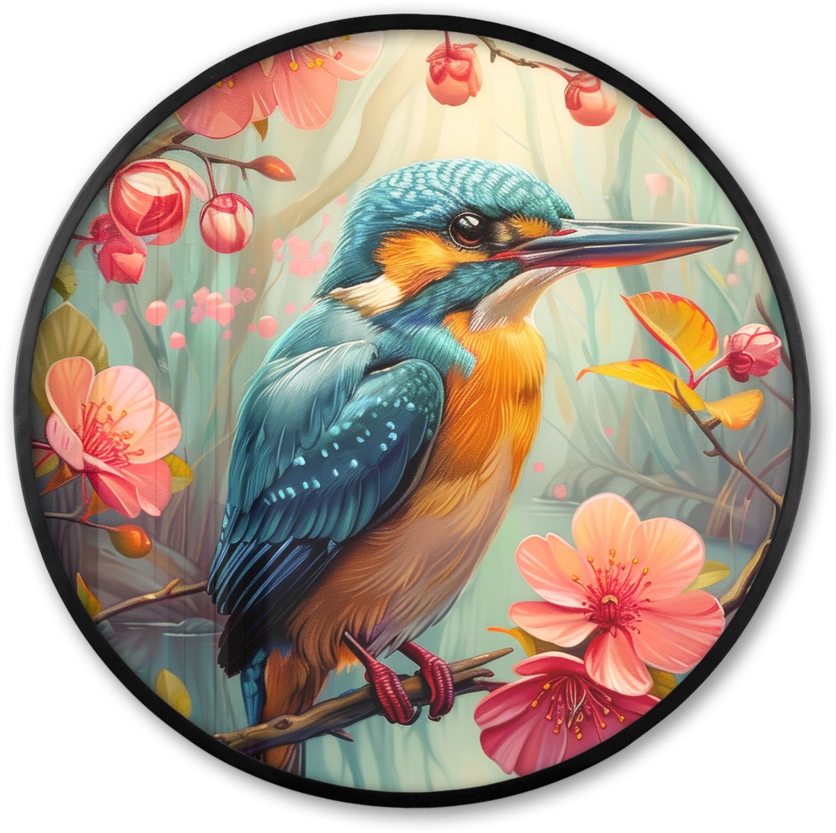 FrameYourWall Poster in lijst Rond - Fotolijst 60x60 cm - Posters - IJsvogel - Bloesem - Natuur - Vogels - Bloemen - Ronde posterlijst zwart - Decoratie - Wanddecoratie woonkamer - Muurdecoratie slaapkamer
