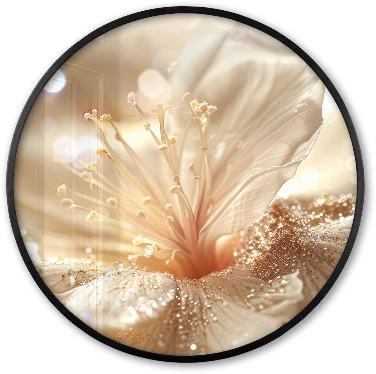 FrameYourWall Poster in lijst Rond - Fotolijst 60x60 cm - Posters - Bloem - Wit - Glitter - Goud - Modern - Ronde posterlijst zwart - Decoratie - Wanddecoratie woonkamer - Muurdecoratie slaapkamer