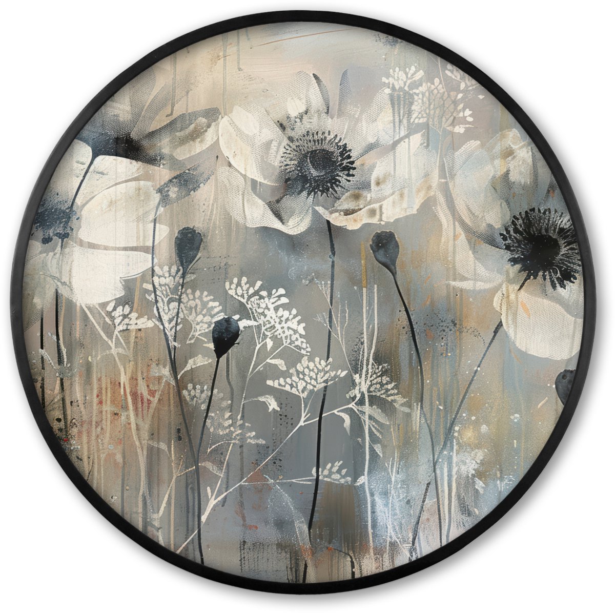 FrameYourWall Poster in lijst Rond - Fotolijst 80x80 cm - Posters - Bloemen - Planten - Grijs - Abstract - Ronde posterlijst zwart - Decoratie - Wanddecoratie woonkamer - Muurdecoratie slaapkamer