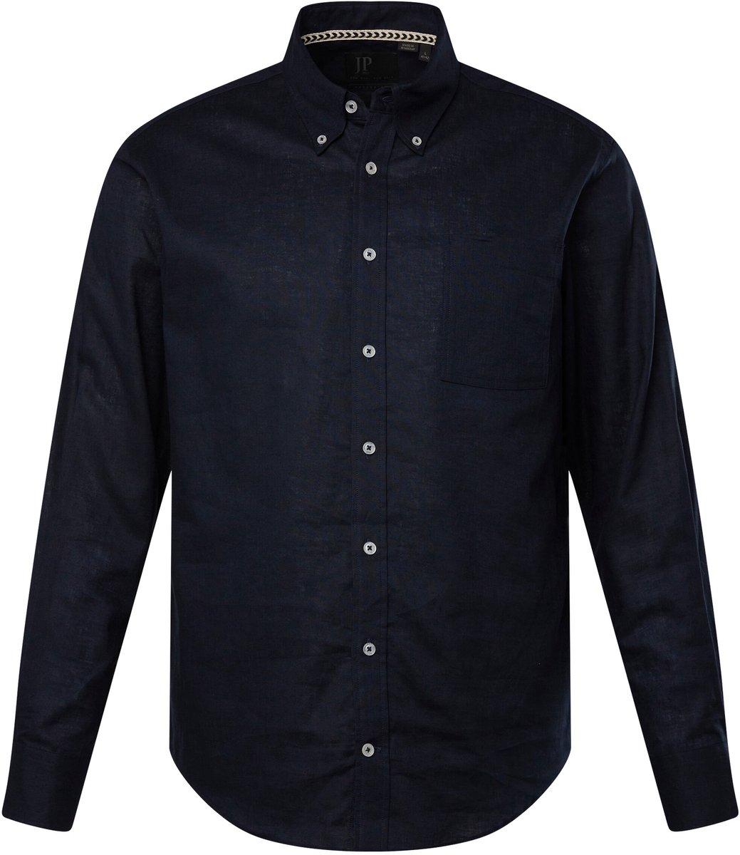 JP 1880 - Heren - Overhemd van een linnenmix lange mouwen button-down kraag - Donkermarine - Maat 6XL