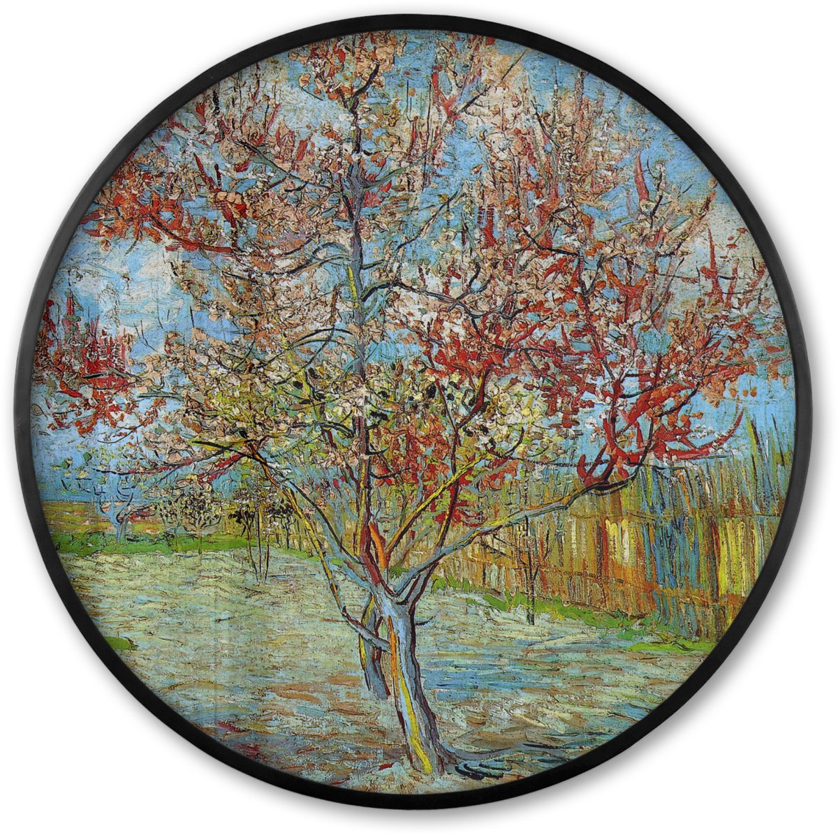 FrameYourWall Poster in lijst Rond - Fotolijst 60x60 cm - Posters - De roze perzikboom - Vincent van Gogh - Ronde posterlijst zwart - Decoratie - Wanddecoratie woonkamer - Muurdecoratie slaapkamer Multicolor