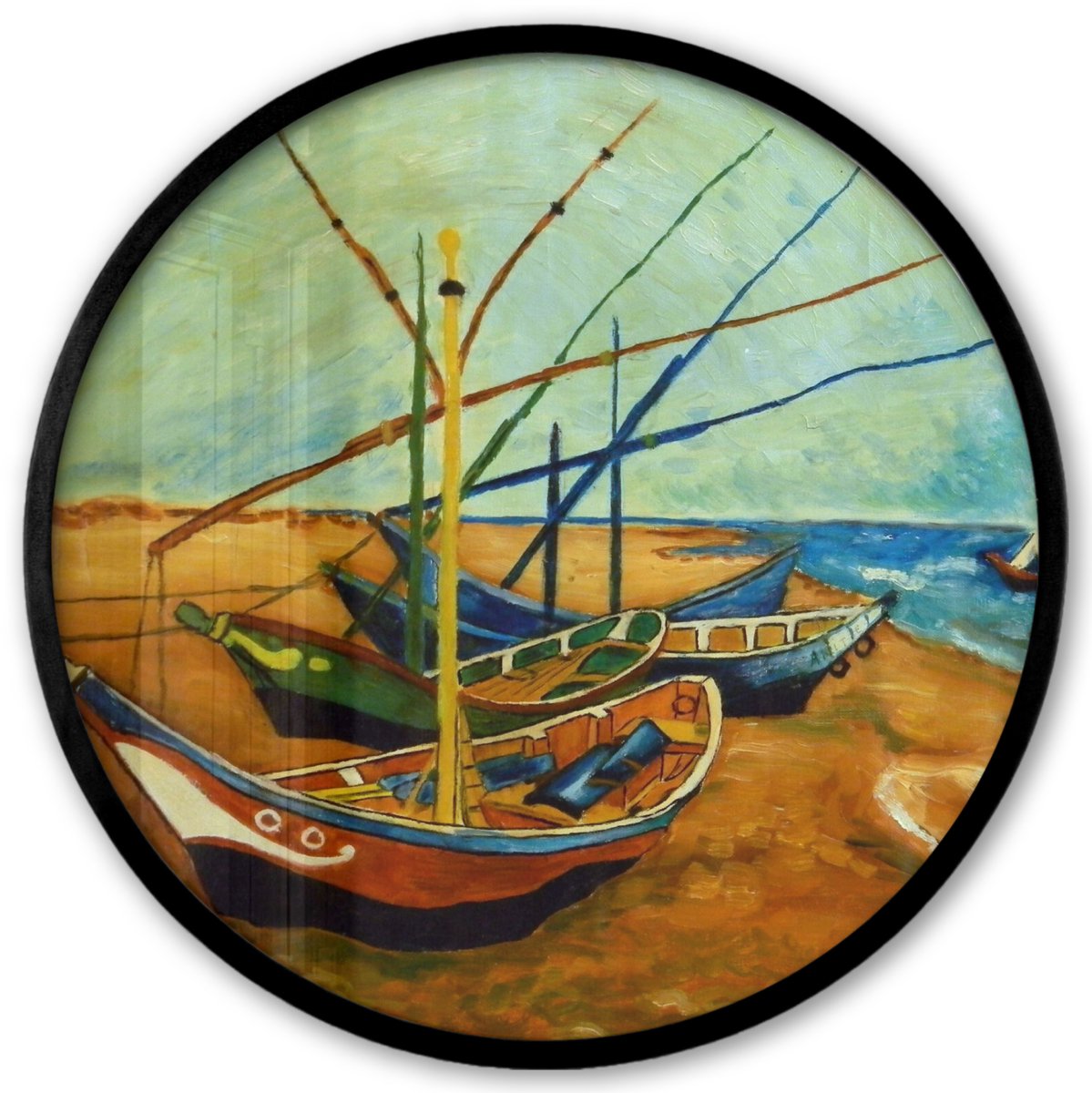 FrameYourWall Poster in lijst Rond - Fotolijst 40x40 cm - Posters - Vissersboten op het strand - Vincent van Gogh - Ronde posterlijst zwart - Decoratie - Wanddecoratie woonkamer - Muurdecoratie slaapkamer Multicolor