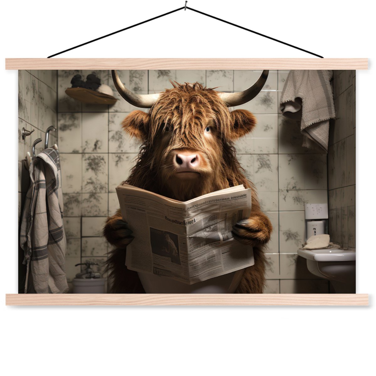 Posterhanger incl. Poster 60x40 cm - Schoolplaat - Schotse hooglander - Toilet - Krant - B