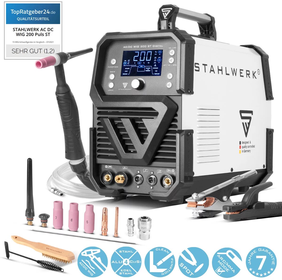 STAHLWERK AC/DC TIG 200 ST Digital | Combilasapparaat | Puntfunctie | Combisysteem | Aluminiumcompatibele TIG MMA-omvormer met 200 A met geïntegreerde schone functie