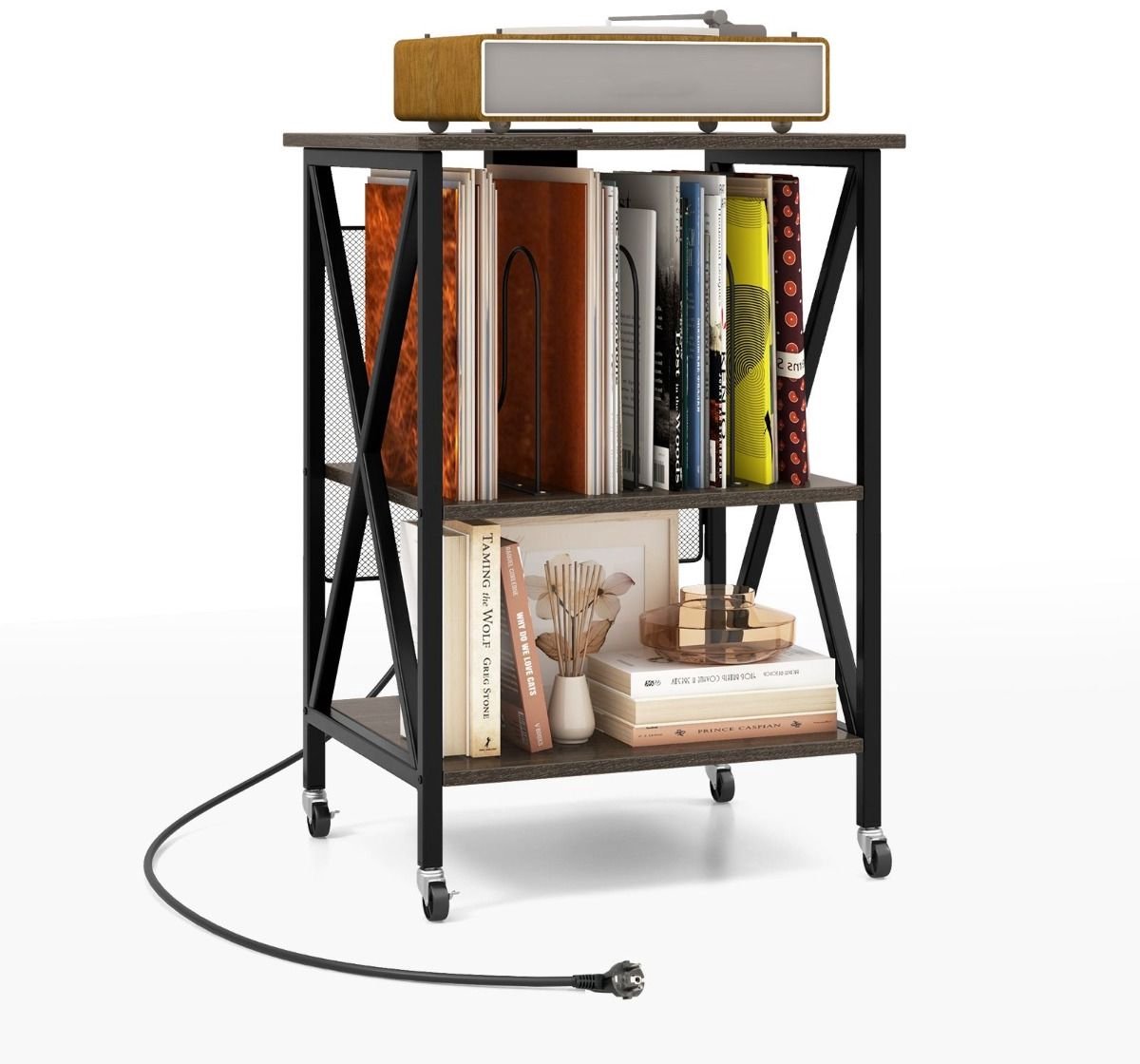 Platenspeler Meubel - LP-kast - Platenspelerkast - Draaitafelstandaard - Platenspelerstandaard - Vintage Displayplank - Grijs