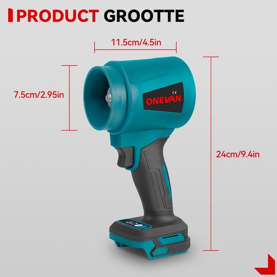 ONEVAN Accu Bladblazer - 180 m/s Turbo Jet Bladblazer - Handblazer - Auto Droger - Borstelloze Motor - 60000 omw/min - Incl. 2x 4.5 Ah Accu en snellader - voor het blazen van bladeren, sneeuw en stof in de auto van ONEVAN — afbeelding 2