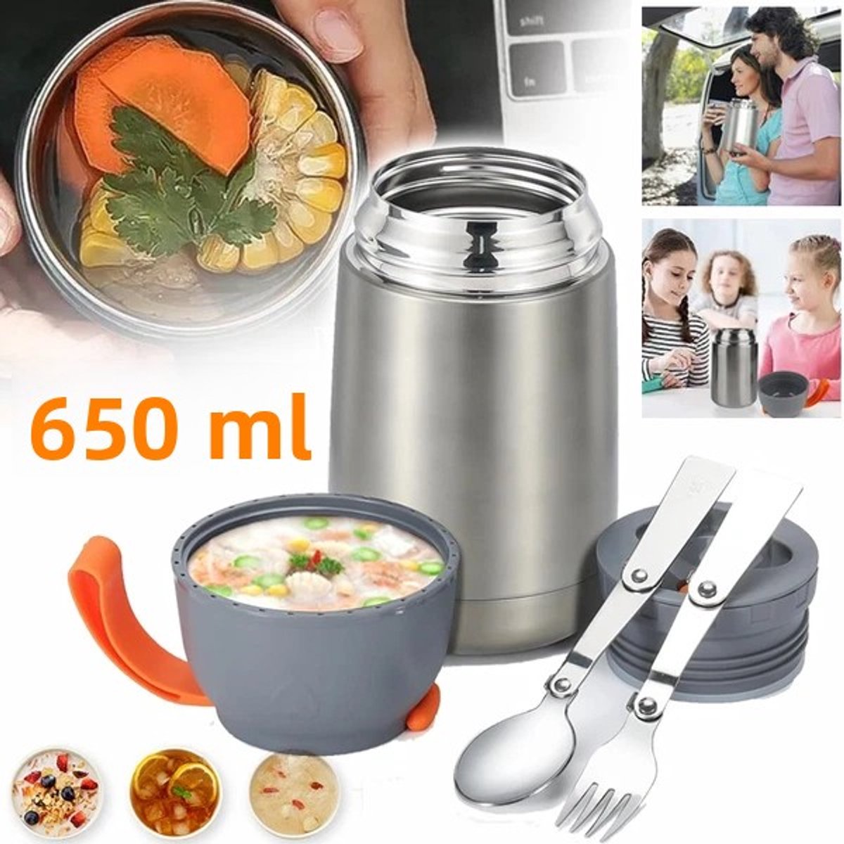 Thermos Voedselcontainer met Lepel - Thermoskan - Thermosfles - Voedsel container voor soep, noodles, babyvoeding, havermout, ijs en meer - RVS - 650ml