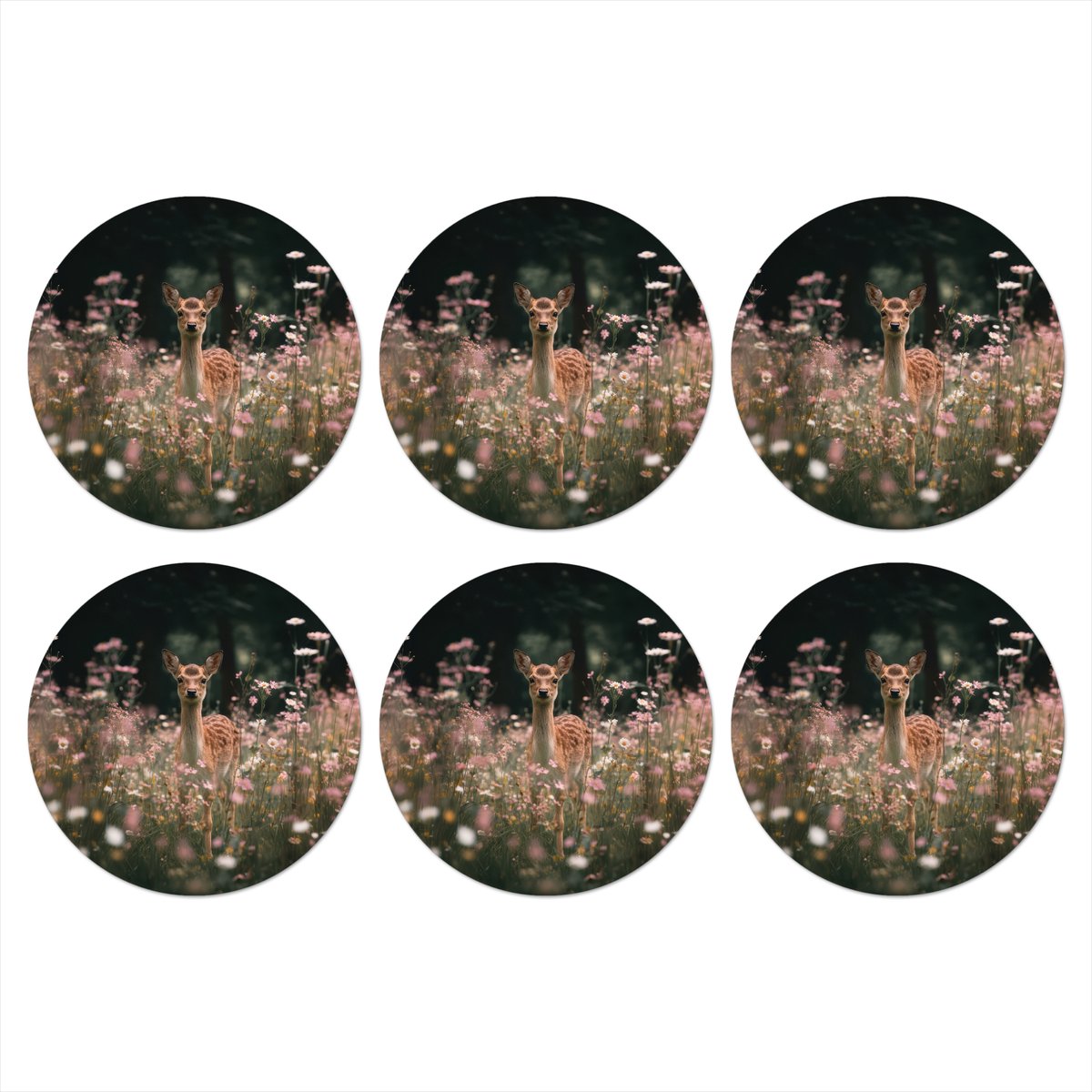 Onderzetters voor glazen - Rond - Hert - Wilde bloemen - Bos - 10x10 cm - Glasonderzetters - 6 stuks
