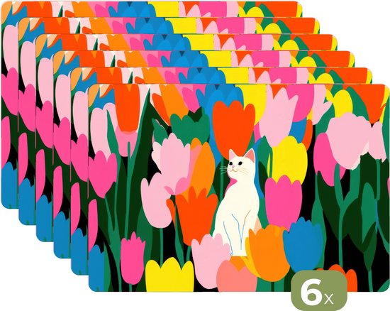 Napperons - 6 pièces - 45 x 30 cm - Sets de table en plastique - Tulipes - Chat - Colorés - Dessous de Assiettes - Décoration de table - Accessoires de décoration de table de Cuisine - Dessous de plat en Vinyl - Décoration de table