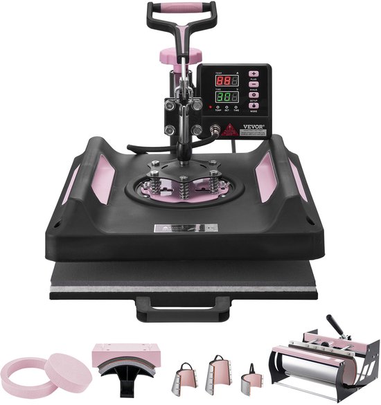 Presse à chaud VEVOR 38 x 38 cm, 8 en 1, 30 oz, chauffage à double tube, presse à gobelet T-shirts, avec bras rotatif à 360°, Zwart