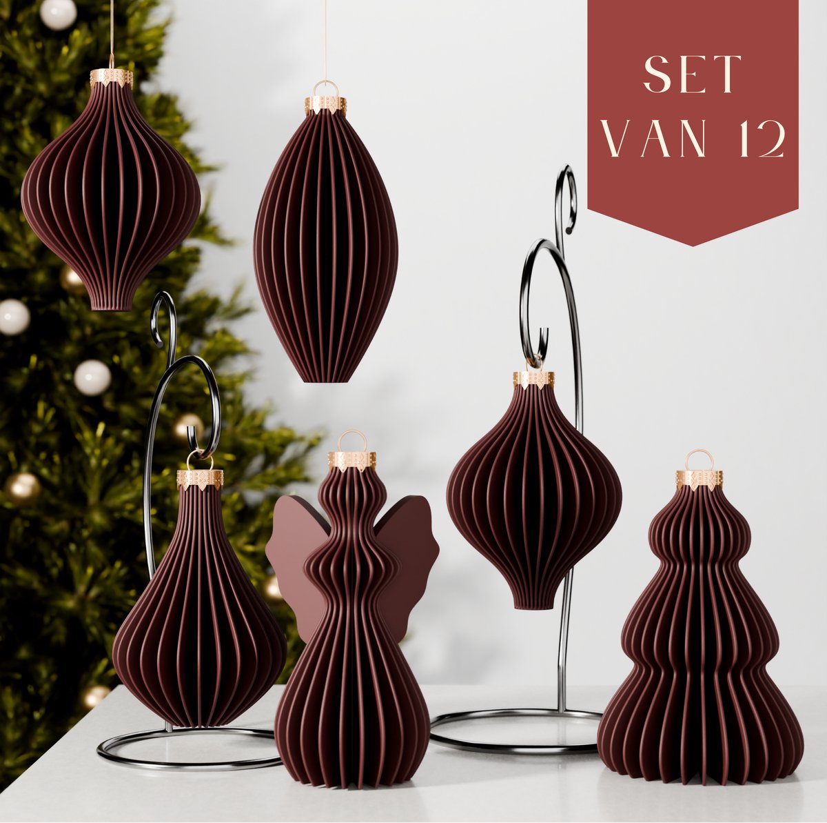 Fleuriek – Luxe kerstballen set van 12 – Rode kerstversiering – Onbreekbare plastic kerstballen met subtiel streeppatroon – Feestelijke kerstdecoratie met matte afwerking
