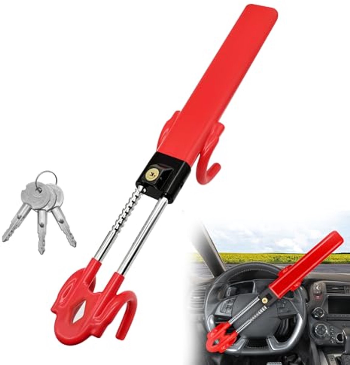 Stuurwiel Lock Anti-Diefstal Apparaat Universeel voor Auto's en Vrachtwagens - Verstelbare Lengte, Dubbele Haak, Rood