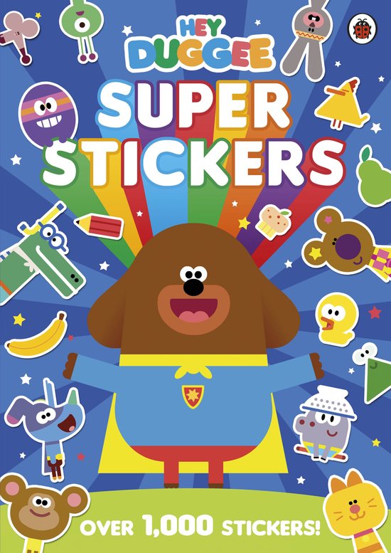Boek met 'Hey Duggee Super Stickers' in grote, kleurrijke letters. Centraal staat de hond Duggee met een blauw cape. Overal vrolijke stickers van karakters en fruit.
