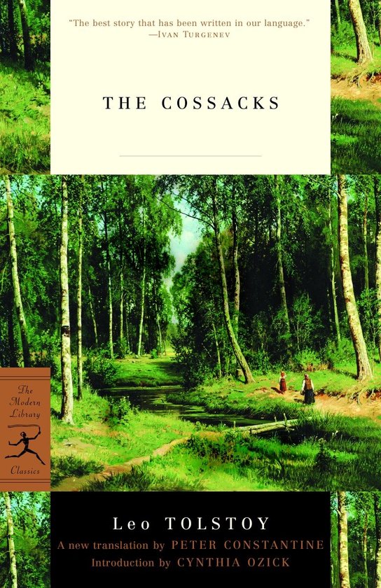 Boekcover: "The Cossacks" van Leo Tolstoy, met een schilderij van een bosrijk landschap met twee personen.