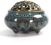 Porte-cône d'encens JeiibrZui - Brûleur d'encens - Design en céramique polie avec couvercle Sculpture sur bois - 1 pièce - Pour la Méditation et les Voyages Bleu saphir