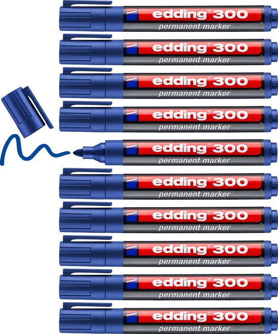 Tien blauwe edding 300 permanente markers met rode band en witte tekst, op zwarte achtergrond.