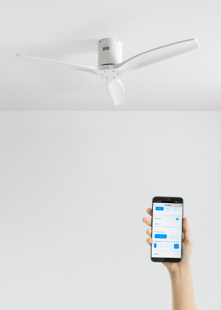CREATE - Plafondventilator 40W silent 100% hout (Ø132cm) (ruimtes 10m²-25m²) - Wit - Geen licht - WIFI + Afstandsbediening - WIND CALM NATURAL WOOD
