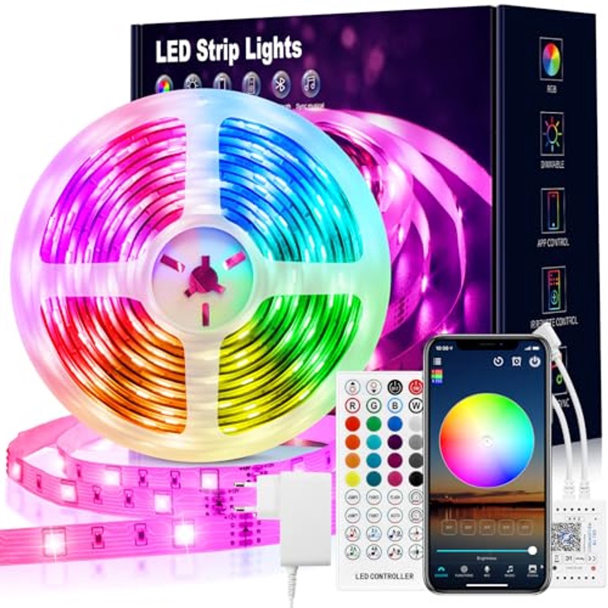 15 m Bluetooth RGB LED Strip - Zelfklevend met afstandsbediening en app, Kleurverandering en Muzieksynchronisatie voor Creatieve Verlichting