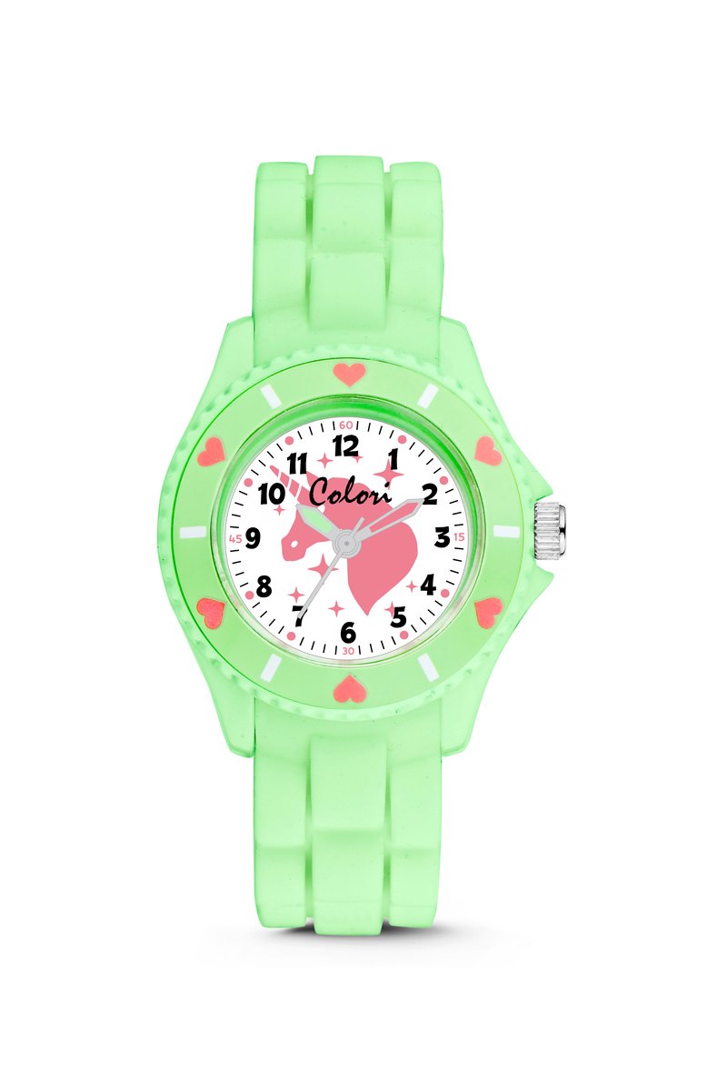 Colori Kidz 5-CLK124 Kinderhorloge - Siliconen Band - Ø 30 mm - Eenhoorn - Licht Groen