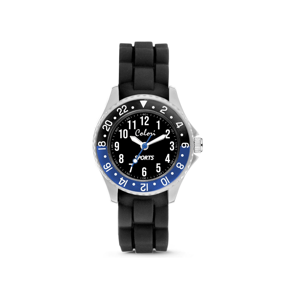 Colori 5-CLK127 Kinderhorloge - Sport - 30 mm - Siliconen band - Verstelbaar van 15 t-m 19cm - Blauw - Zwart