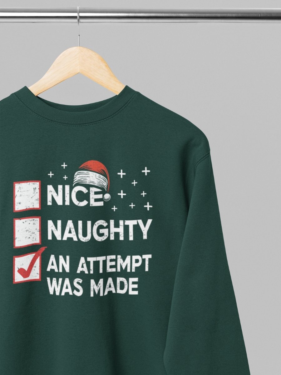 Foute kersttrui - Nice or naughty - Wurban Wear | 18+ | Grappige sweater | Leuk cadeau | Unisex sweater | Oversized sweater | Kersttrui heren | Foute kerstkleding | Kerst sweater | Kerst diner | Kersttrui dames | Foute kersttruiendag 2025 | Groen