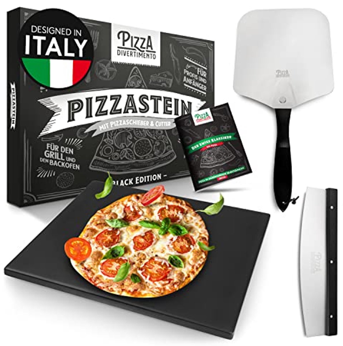 Pizza Steen voor Oven en Gasgrill - Set van 3 met Pizzaschuif, Pizzasnijder en E-receptenboek - Perfect voor Broodbakken