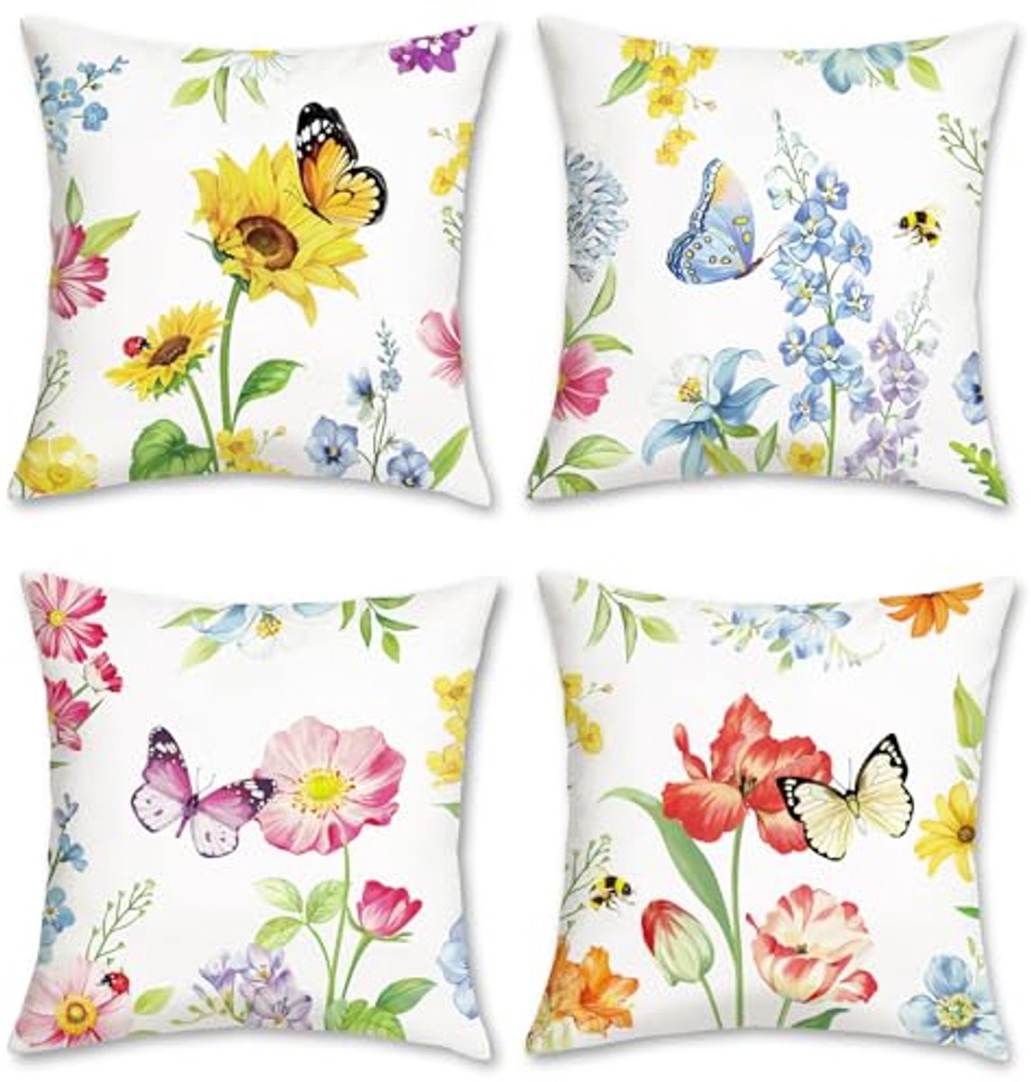 Set van 4 Kussenhoezen met Bloemen en Vlinders 45 x 45 cm - Zachte Velours Decoratieve Kus