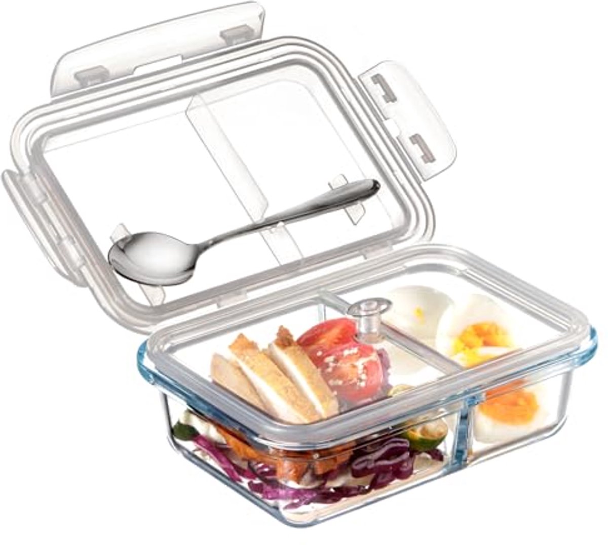 Bento Box Glas 0.6 l - 2 Compartimenten, Vers Opbergdoos met Dichtdeksel, Eten Voorbereidings Dozen, Magnetron- en Ovenbestendig