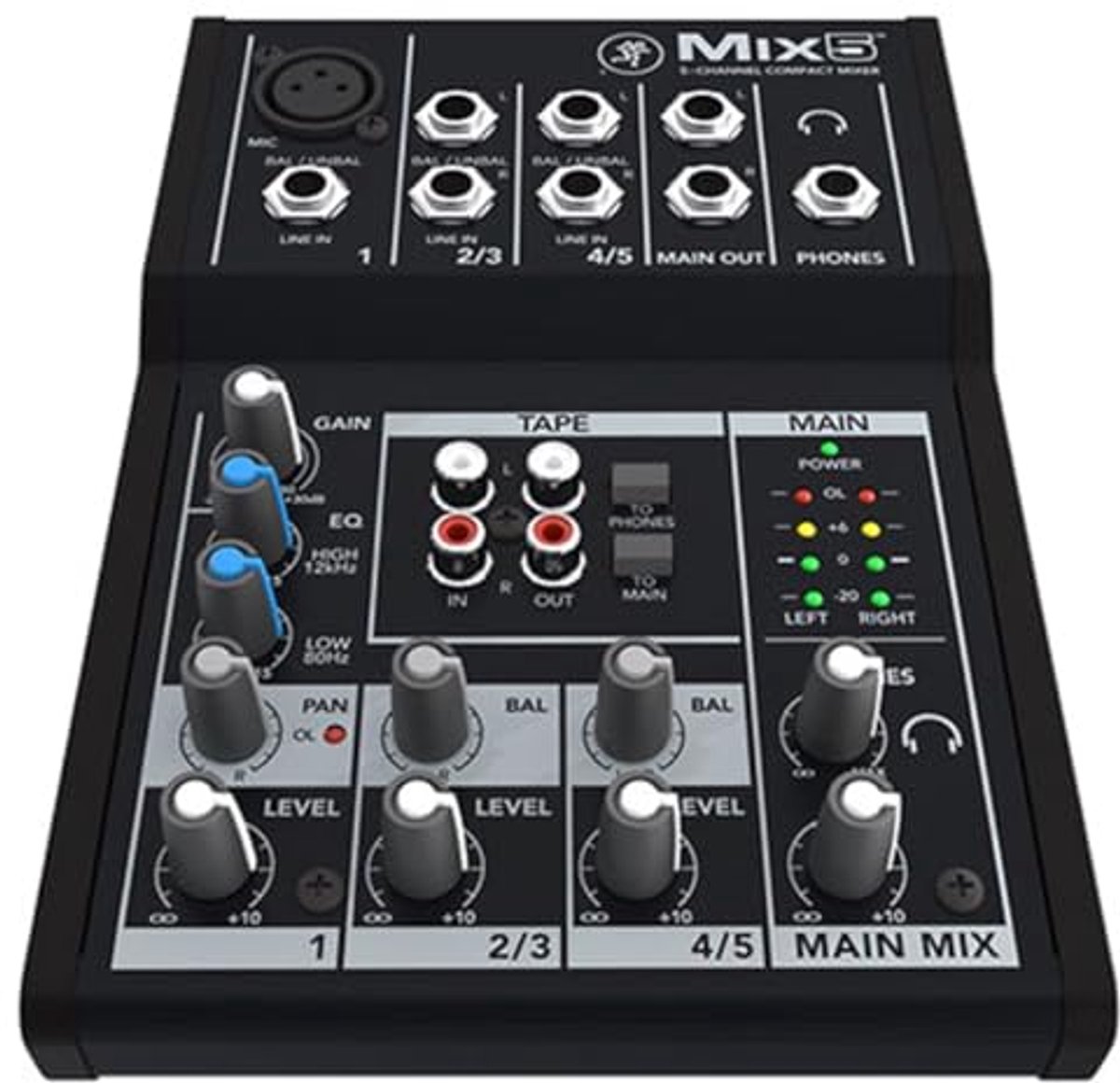 Compacte 5-kanaals analoge mixer met 2-bands EQ voor live streams en recording
