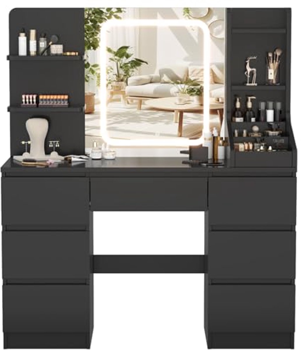 Moderne Kaptafel met LED Spiegel en Verlichting, 4 Planken en 7 Laden