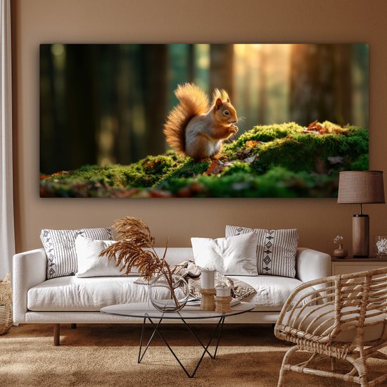 Tableau sur toile 200x100 cm - Décoration murale exclusive Écureuil - Noix - Herbe - Décoration murale salon - Décoration chambre - Accessoires chambre - Peintures sur toile