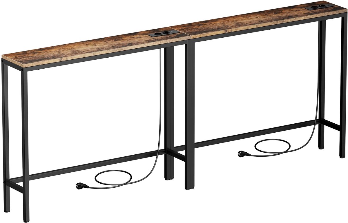 Azomor® Vintage Bruine Smalle Consoletafel met Stopcontacten en USB-poorten voor Kleine Ruimtes