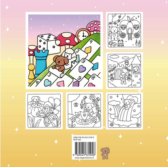 Achterkant kleurboek met kleurvoorbeelden van magie, kastelen, vlinders en regenboog.