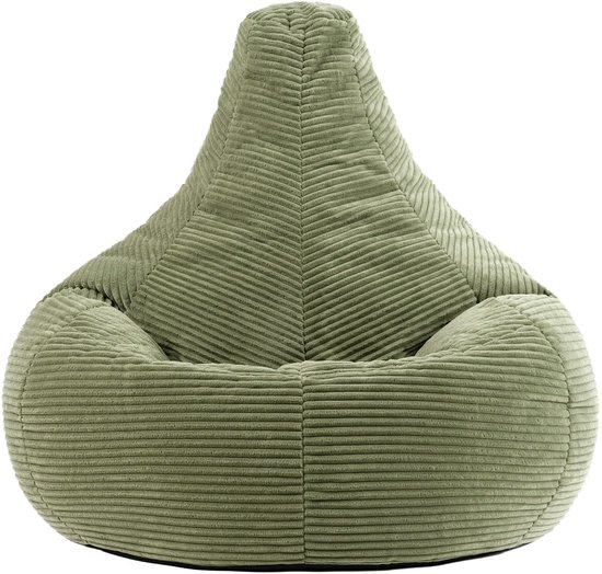 Een saliegroene corduroy zitzak, frontaal bekeken.