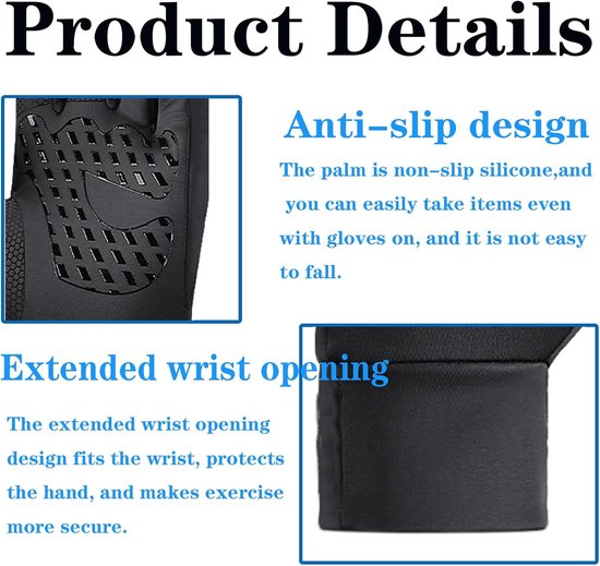 Close-up van een zwarte handschoen met anti-slip siliconen op de palm en verlengde polssluiting.