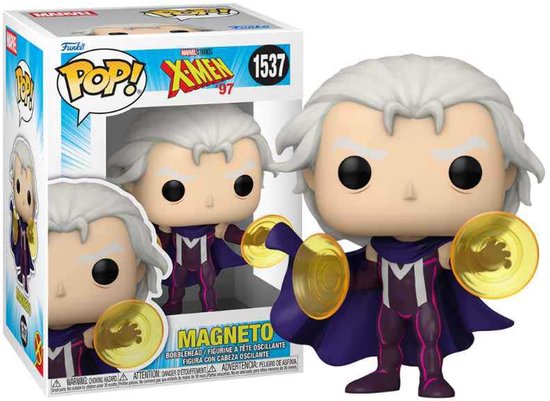Funko Pop! figuur van Magneto in paars pak met een M op de borst, paarse cape en gele magnetische schijven in handen.